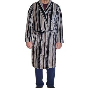 'New' Nordstrom Rack Plush Mens Robe Patterned Striped Blk/Grey Pockets Size M/L